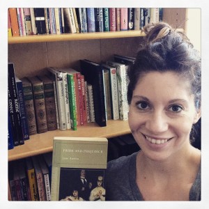 Me by my beloved bookcase, holding my favorite book: Pride & Prejudice.