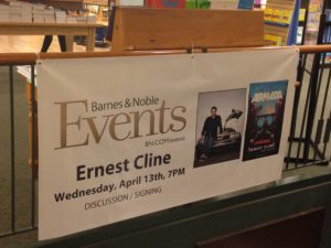 Barnes & Noble Events Banner: "Ernest Cline, Wednesday, April 13th, 7pm. Discussion/Signing."