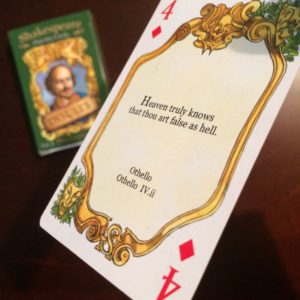 4 of Diamonds from Shakespeare Insults playing deck. It reads: "Heaven truly knows that thou art false as hell." (from Othello)