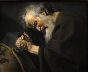 A painting depiction of Heraclitus by Johannes Paulus Moreelse as "The Weeping Philosopher"