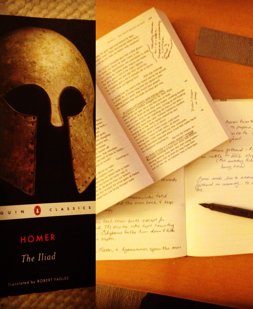 Left: Cover of the The Iliad book; Right: book open showing my annotations, and my commonplace journal with my notes.
