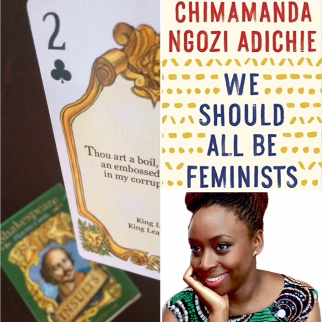 Layout: The 4 of clubs, the cover of "We Should All Be Feminists," and a portrait photo of Chimamanda Ngozi Adichie